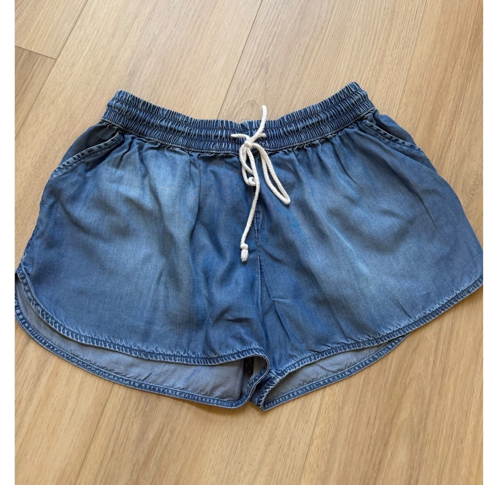 Womens Chambray Denim Shorts Elastic Waist Rope Drawstring Medium Wash Small